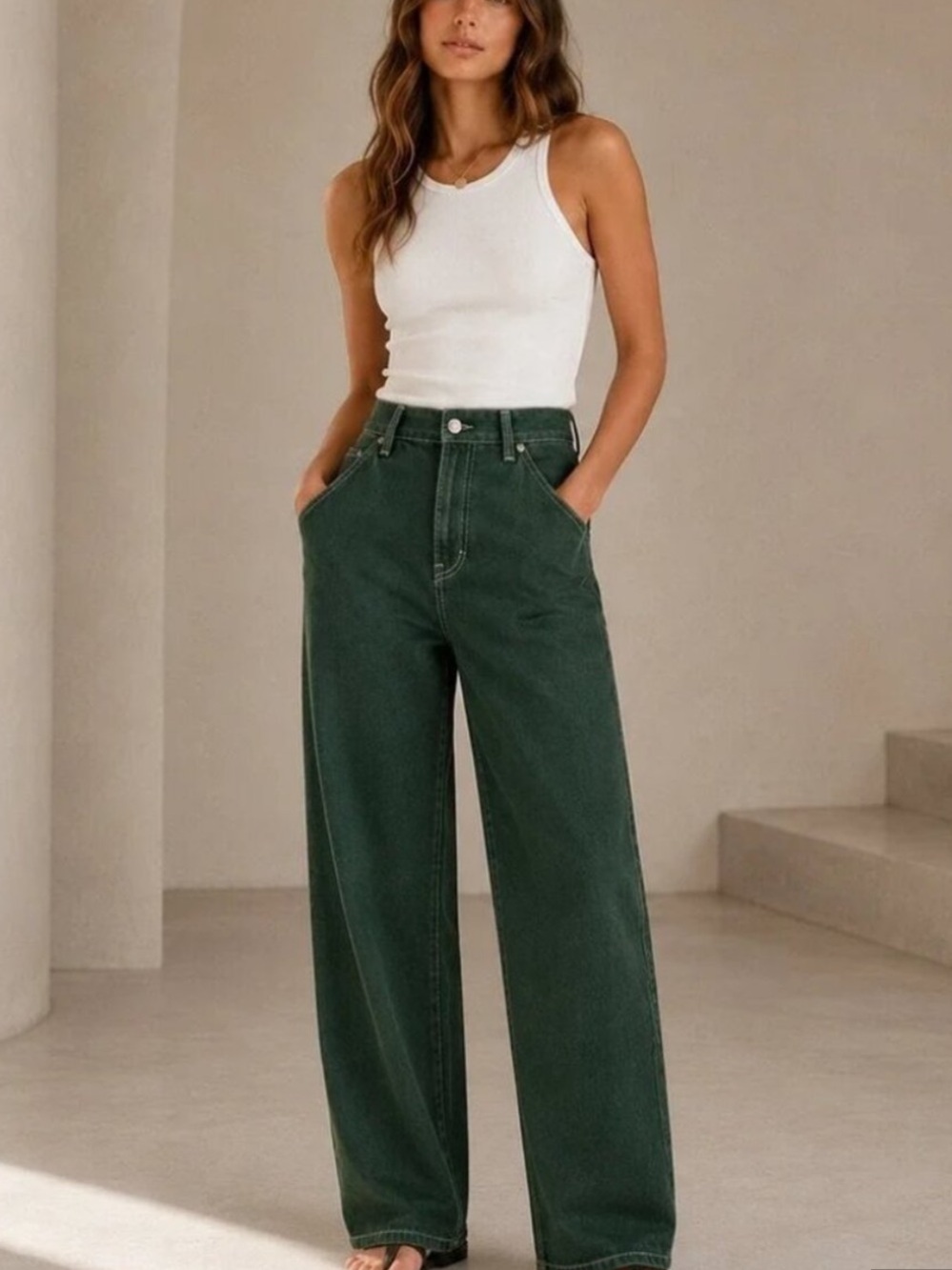 Reformation Forest Green Wide Leg Jeans